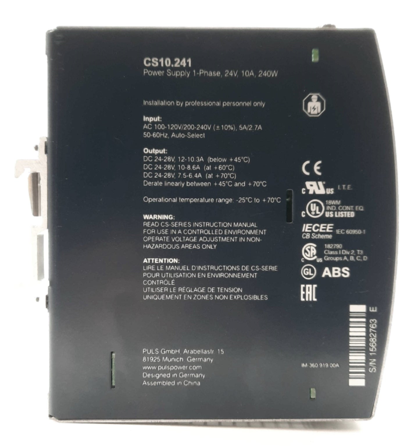 Used PULS CS10.241 DC Power Supply 24VDC 10A Output 100-120/200-240VAC Input DIN Rail