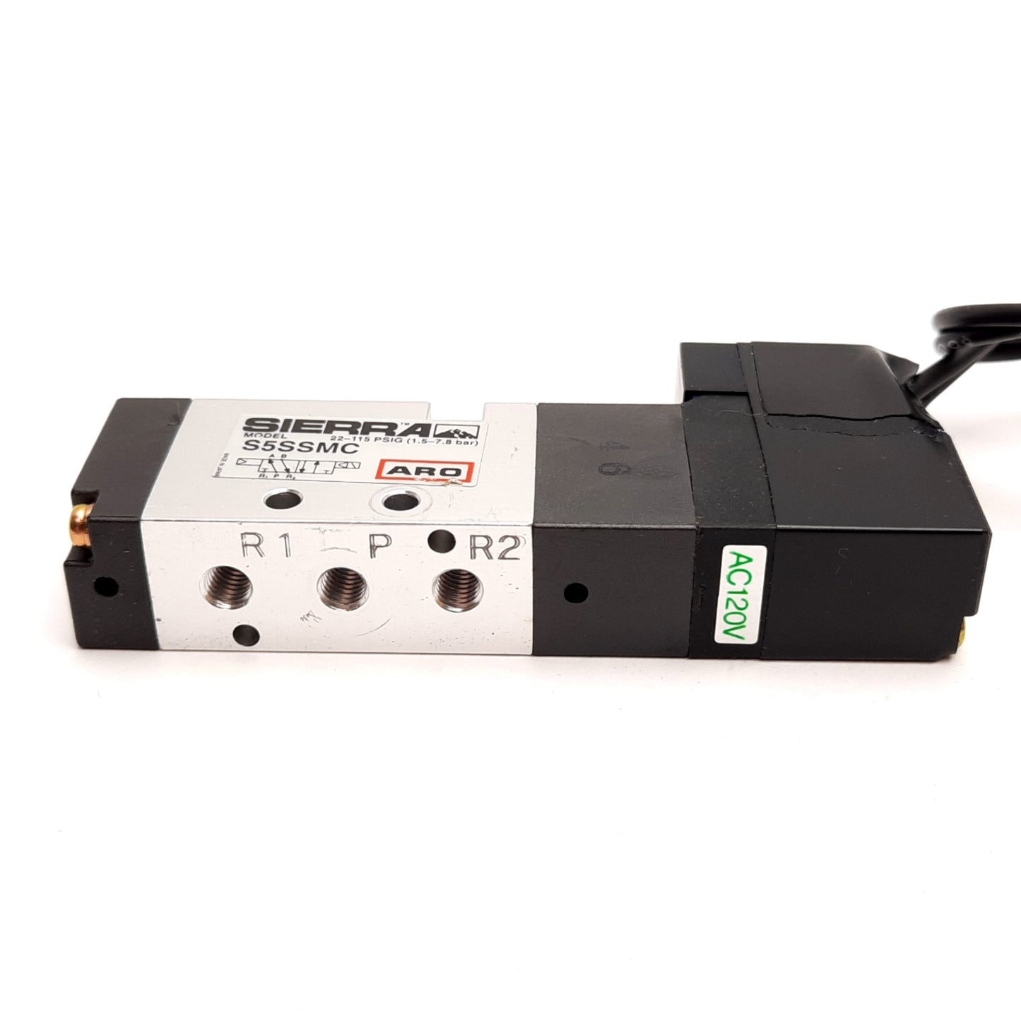 Used ARO S5SSMC Sierra Solenoid Valve, 2-Position 5-Port, 120VAC, 22-115psi, M5x0.8