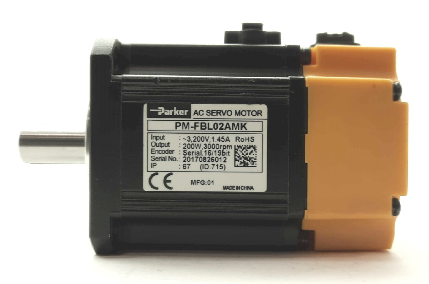 Used Parker PM-FBL02AMK Servo Motor, .2kW, 3000RPM, .64Nm, 3Ø 200V 1.45A, 62mm Frame