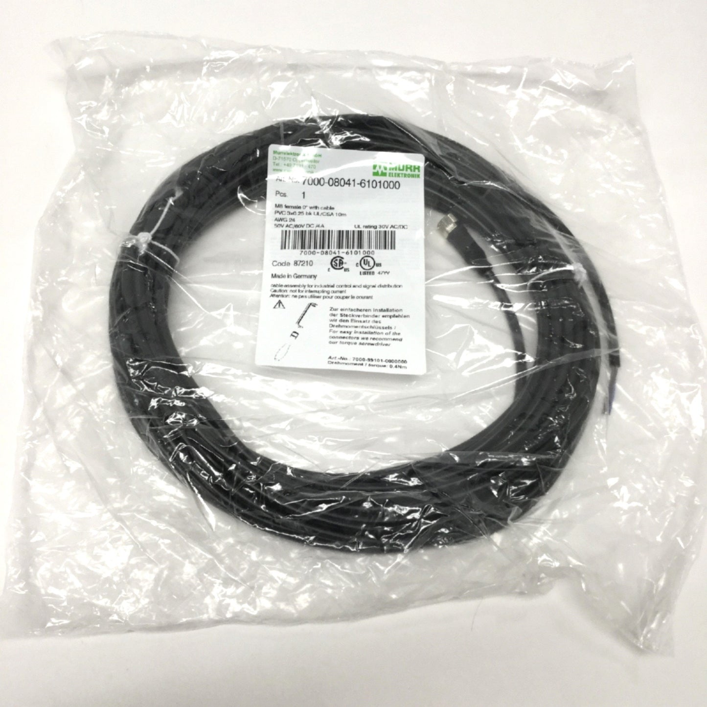 New Murr Elektronik 7000-08041-6101000 Sensor Cable Cordset M8 3-Pin Female, 10m