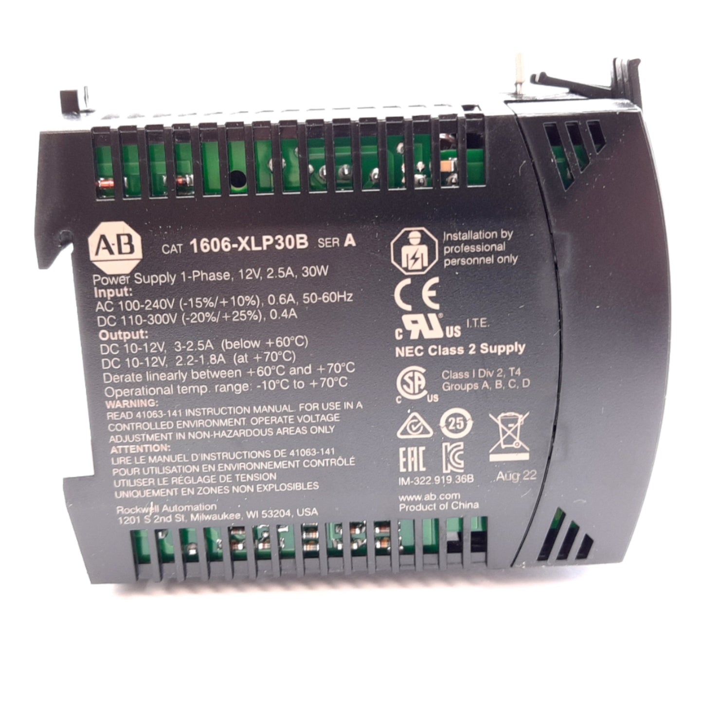 New Allen Bradley 1606-XLP30B Power Supply, In: 100-240VAC 110-300VDC, Out: 10-12VDC