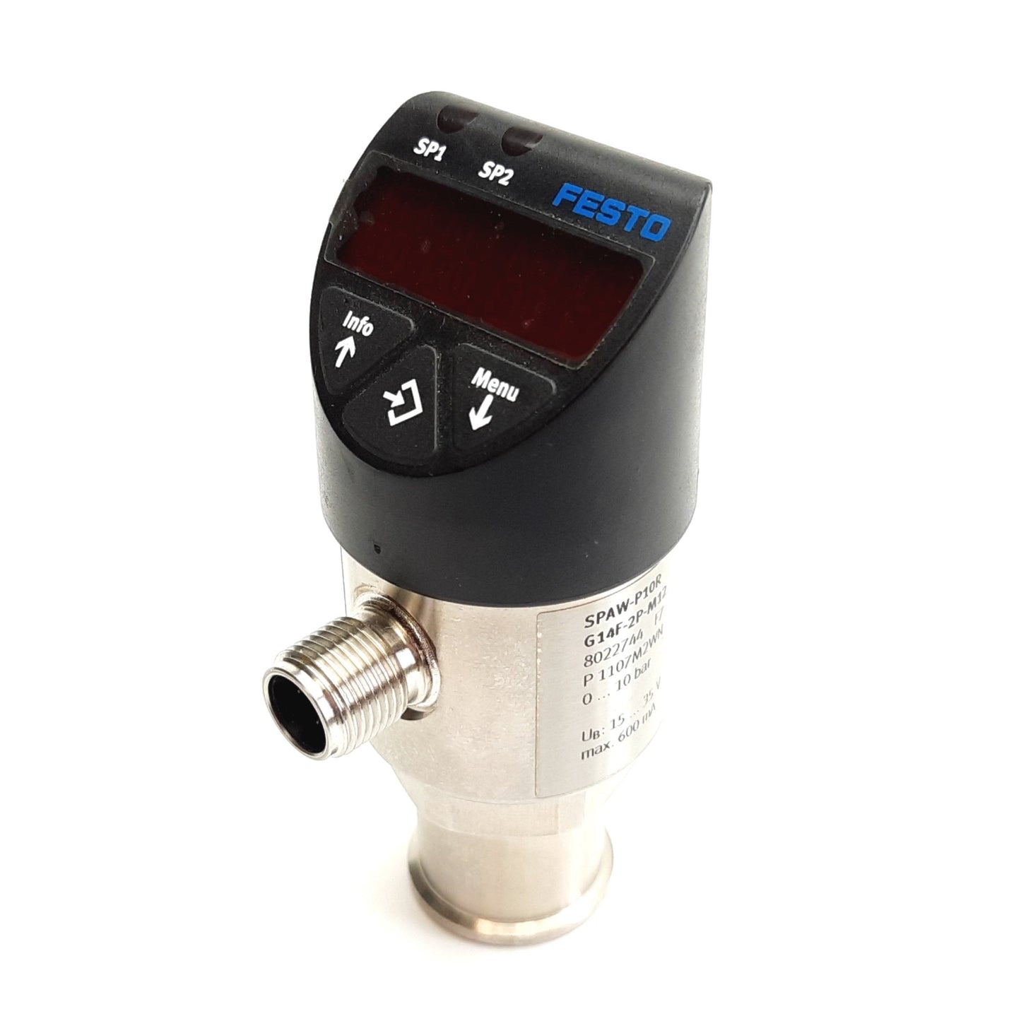Used Festo SPAW-P10R-G14F-2P-M12 Pressure Sensor, 0-10 bar, 15-35VDC, 4-Pin M12, G1/4