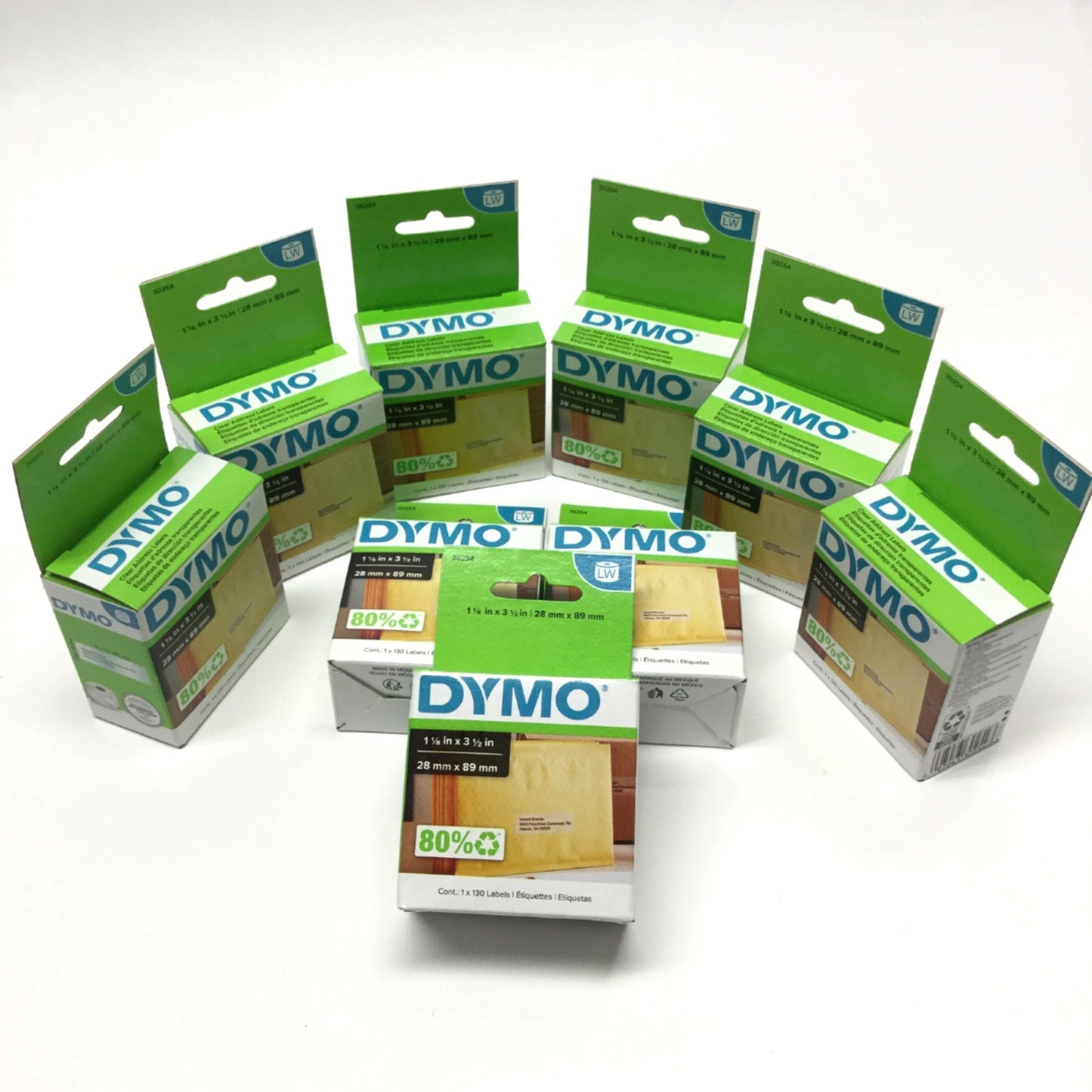Used 9 Boxes of Dymo 30254 Thermal Clear Address Labels 130/Roll, 1-1/8" x 3-1/2"