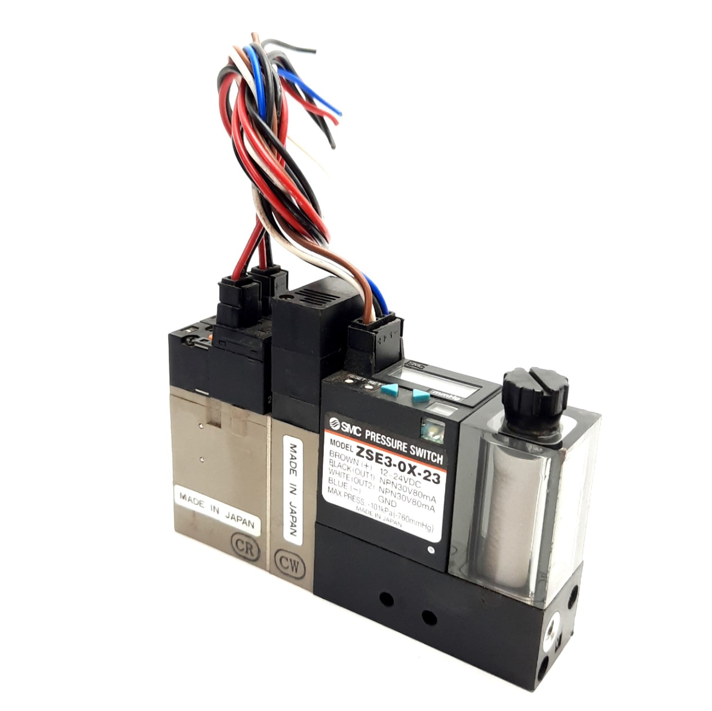 Used SMC ZSE3-0X-23 Vacuum Switch W/ VJ114 24v DC Sol Valve, M5, NPN Output
