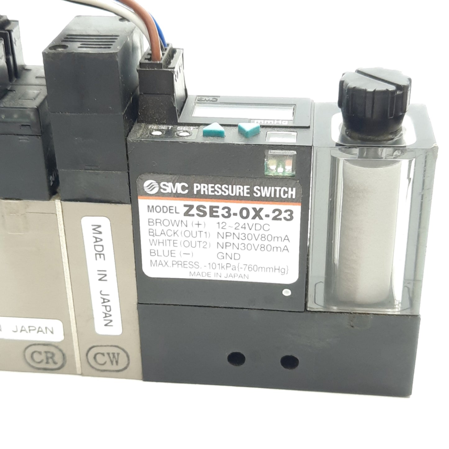 Used SMC ZSE3-0X-23 Vacuum Switch W/ VJ114 24v DC Sol Valve, M5, NPN Output