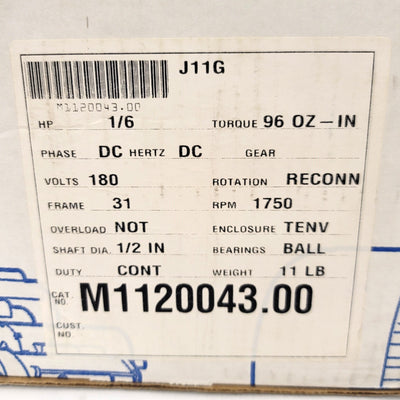 New Leeson M1120043.00 Permanent Magnet DC Motor 1/6HP, 180VDC, 96OZ-In, 1750RPM