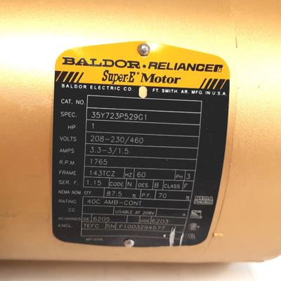 Used Baldor 35Y723P529G1 AC Motor, 3-Phase 208-230/460VAC, 1HP, 1765RPM, 143TCZ Frame
