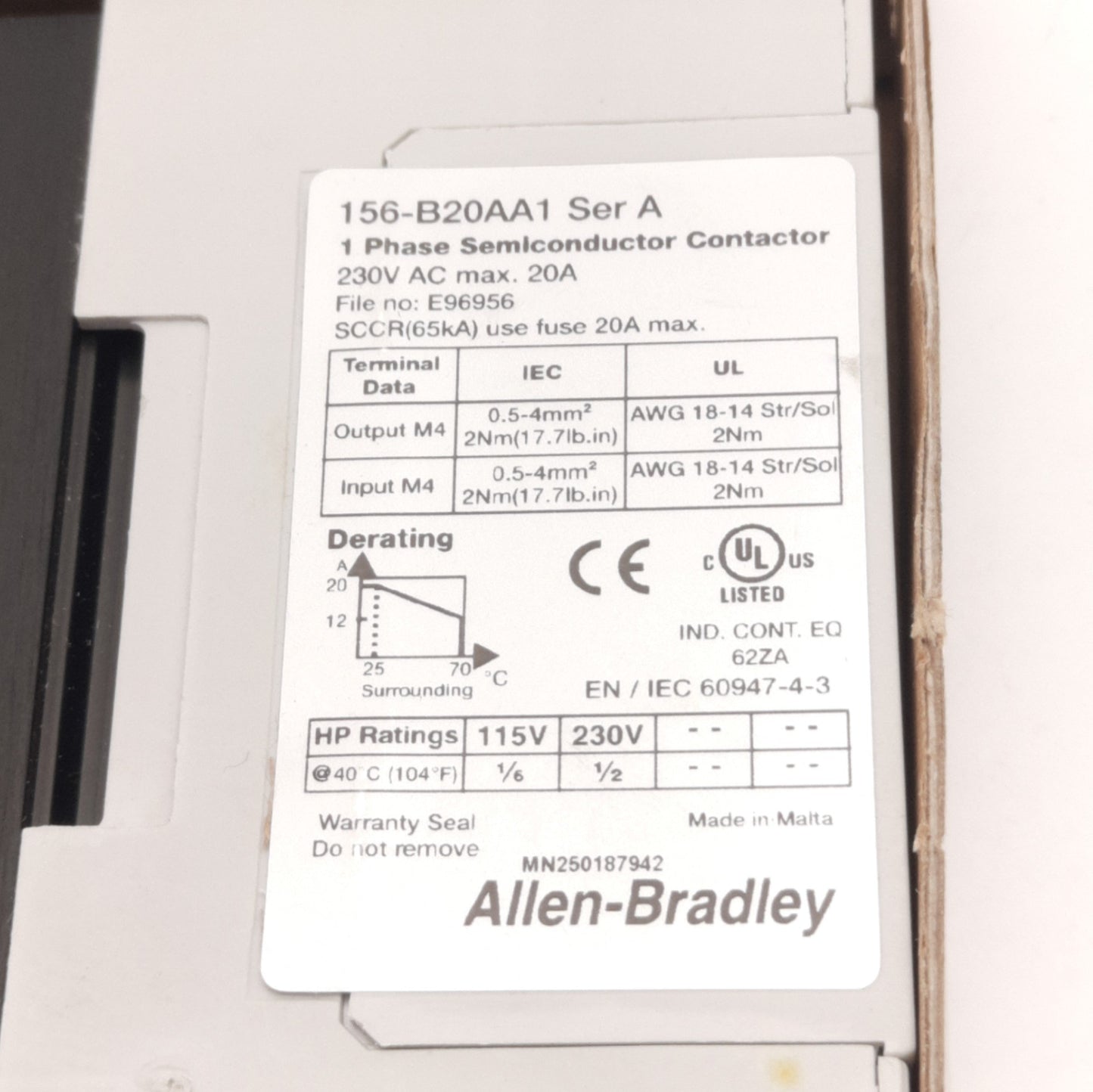 New Allen Bradley 156-B20AA1 Solid State Semiconductor Contactor Control: 24-275VAC