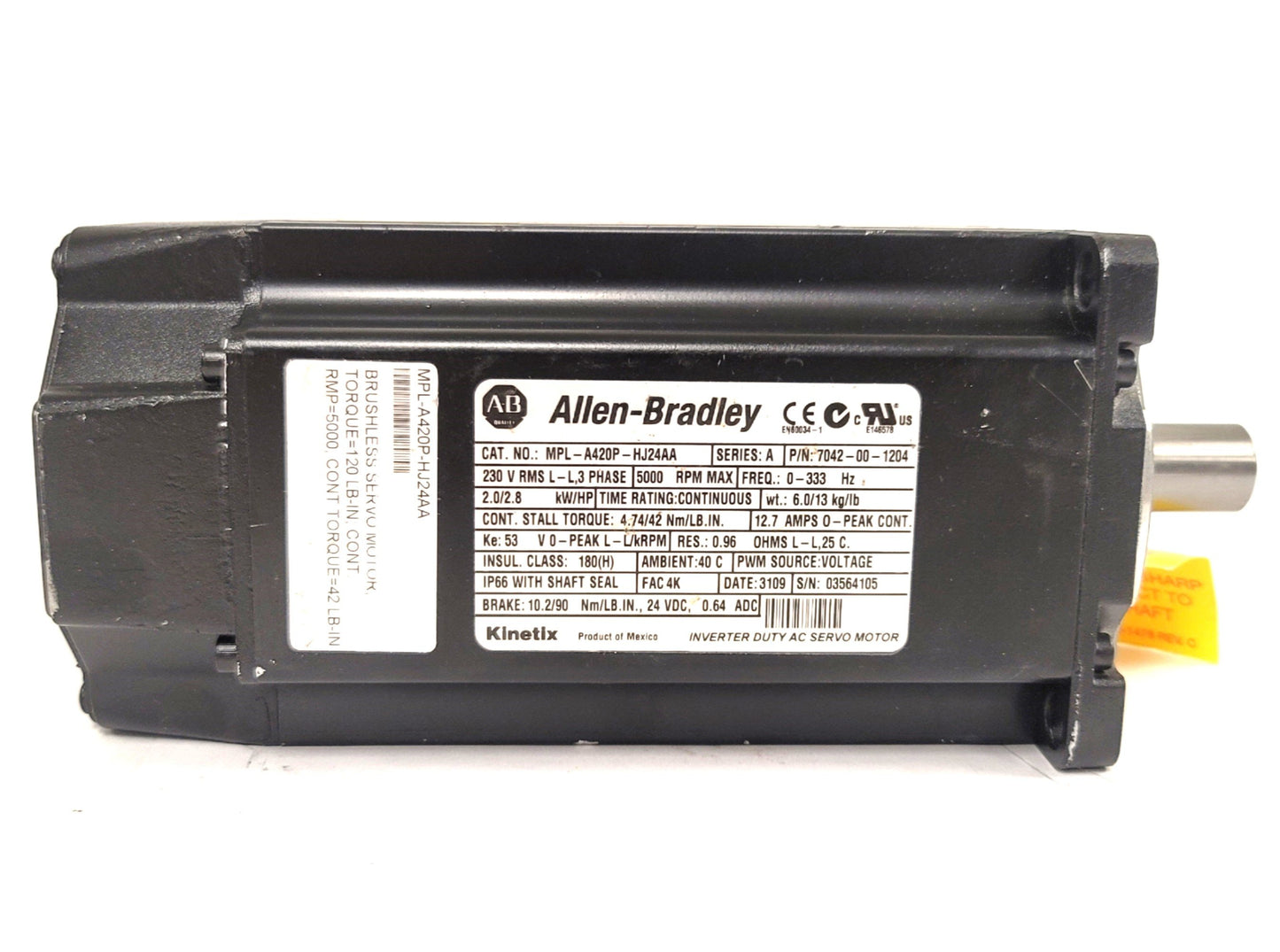 New Allen Bradley MPL-A420P-HJ24AA Servo Motor 2kW 42lb-in 5,000RPM 230VAC 3PH 12.7A