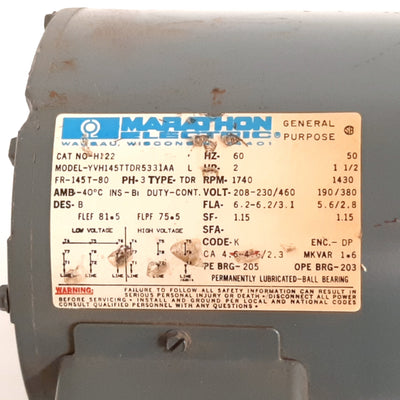 Used Marathon Electric YVH145TTDR5331AA AC Motor, 2HP, 3-Phase, 7/8" Shaft