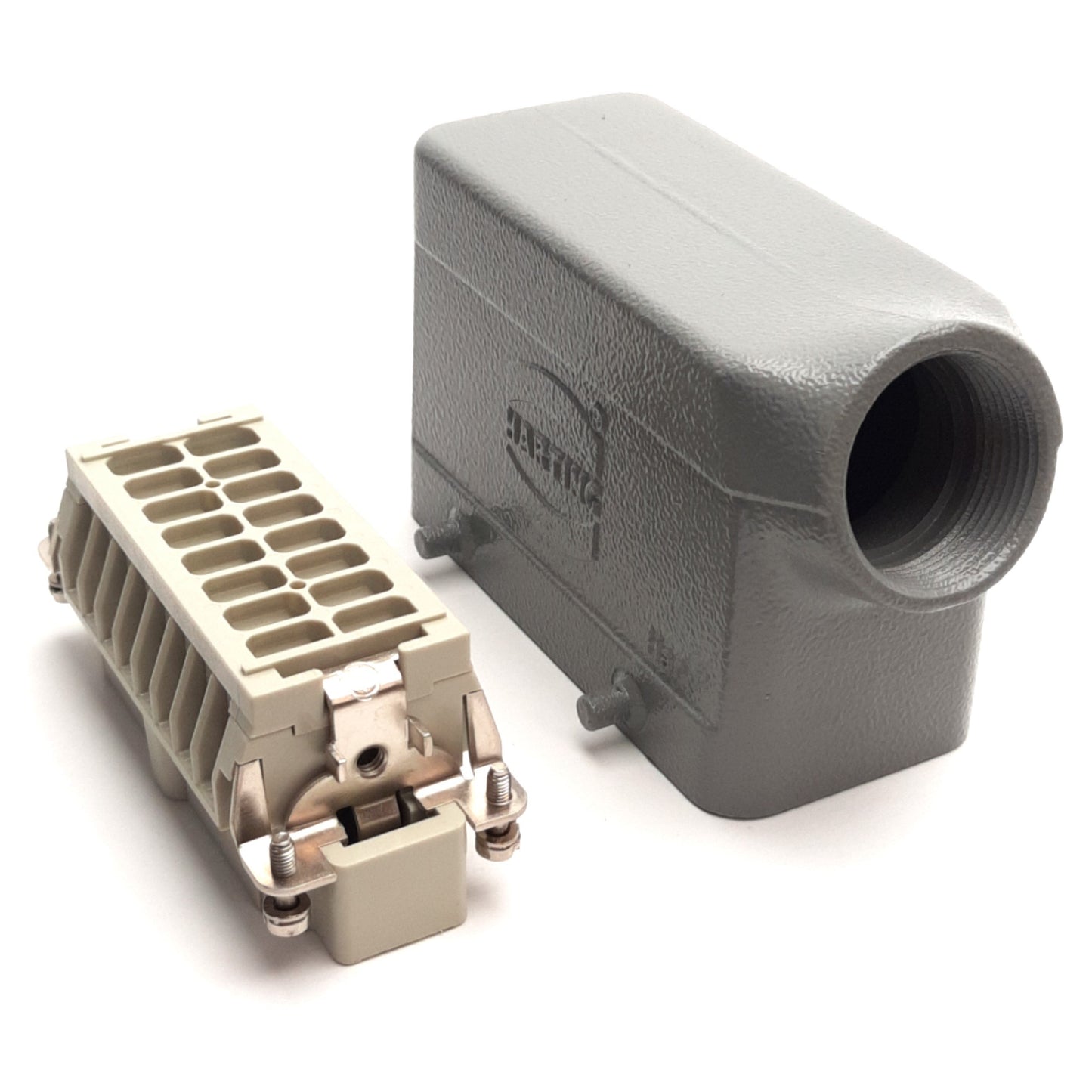 Used Harting HAN-E16M Male HDC Insert W/ 90° Housing, 16-Pos, 500V 16A, 09330162601