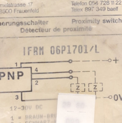 New Baumer IFRM 06P1701/L Proximity Switch 2mm Range, 6-36V DC, PNP Normally Open