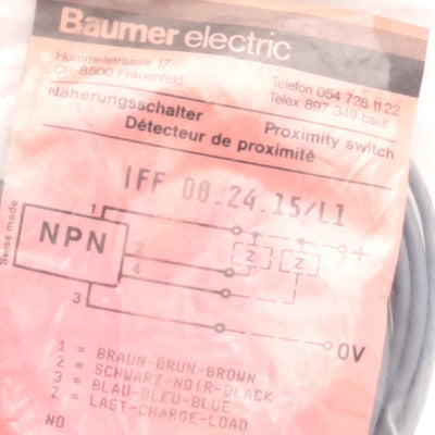 New Baumer IFF 08.24.15/L1 Proximity Switch 1.5mm Range, 5-30V DC, NPN, 8mm x 40mm