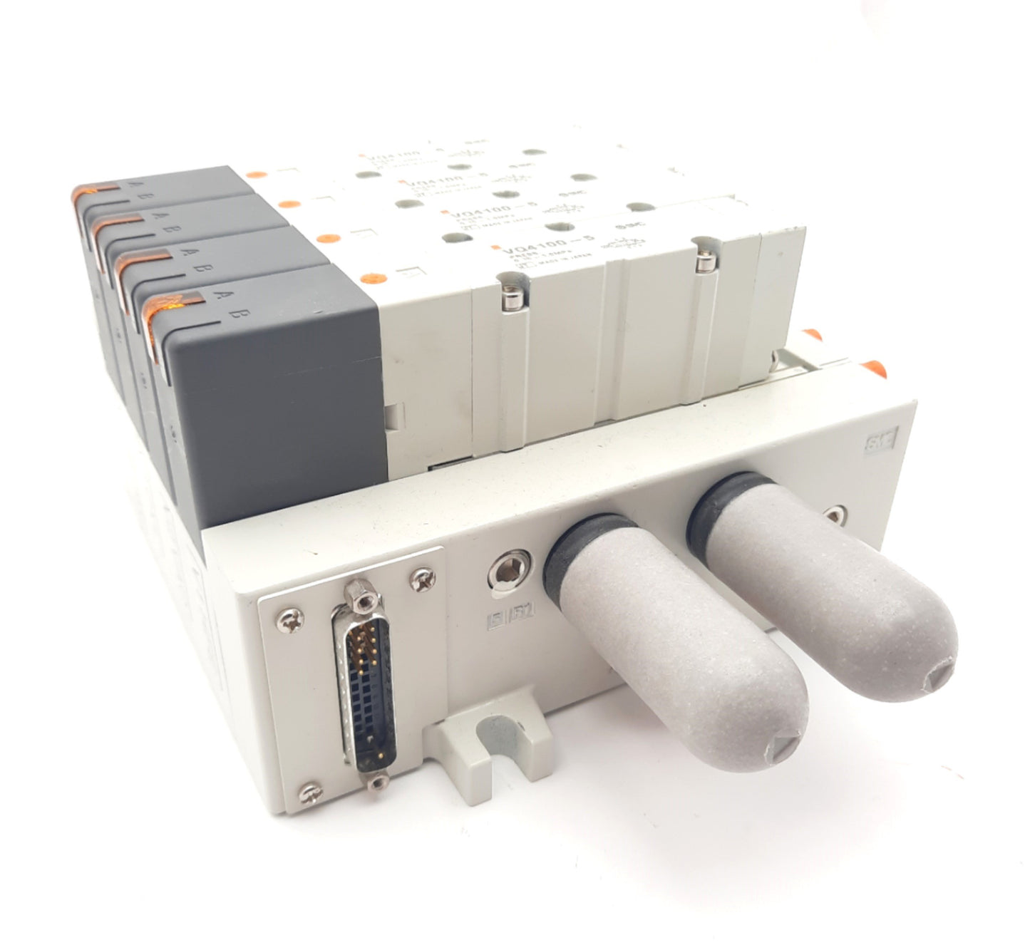 Used Bank of 4 SMC VQ4100-5 Solenoid Valves, 2-Position 5-Port, 24VDC