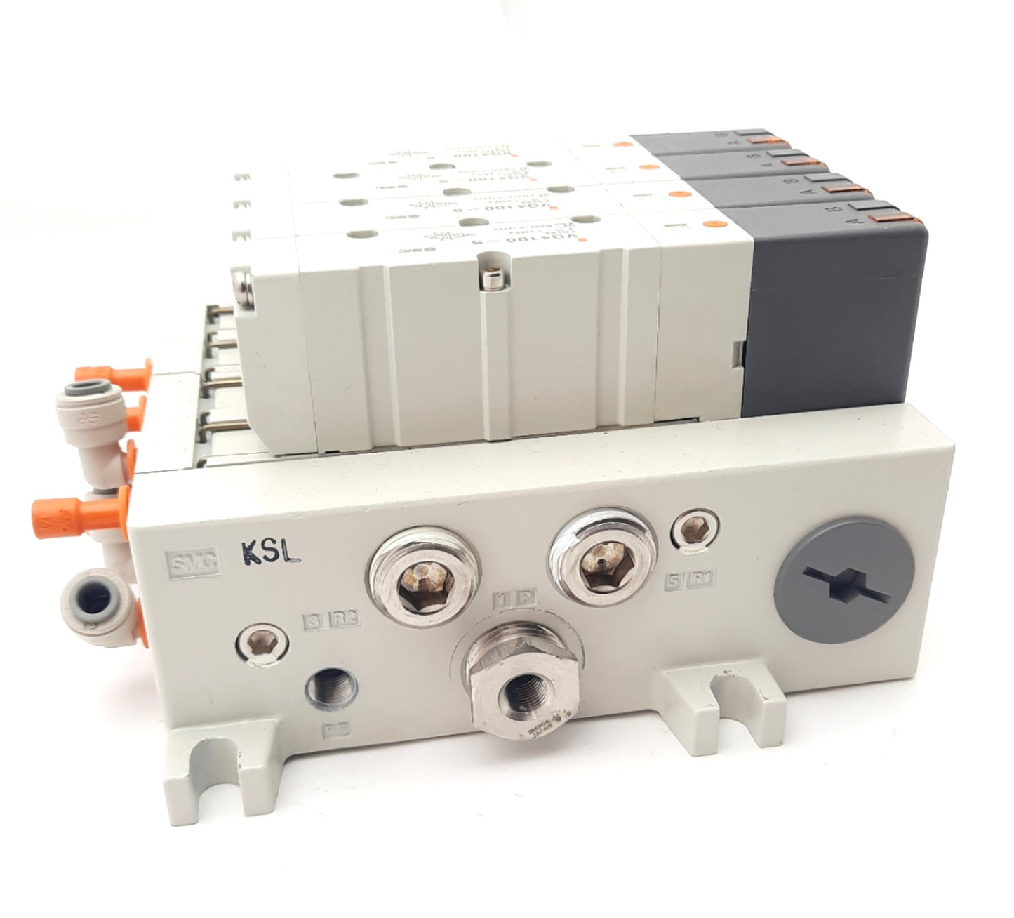 Used Bank of 4 SMC VQ4100-5 Solenoid Valves, 2-Position 5-Port, 24VDC