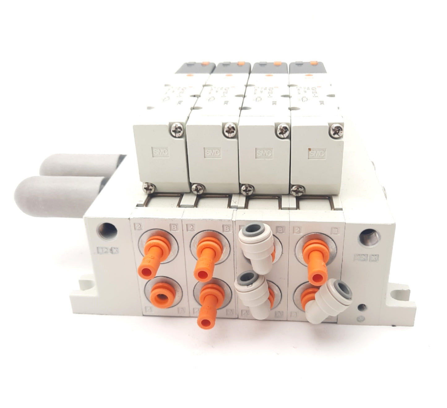 Used Bank of 4 SMC VQ4100-5 Solenoid Valves, 2-Position 5-Port, 24VDC