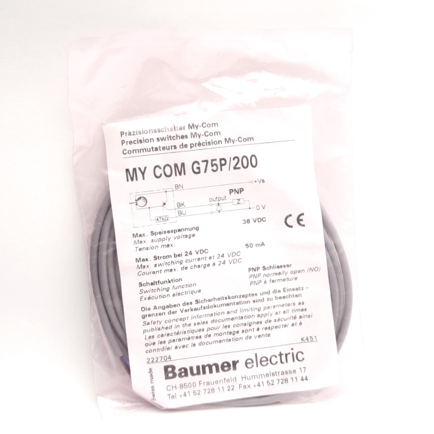 New Baumer MY COM G75P/200 Precision Switch 75cN, 5-36V DC 50mA, N.O. PNP, 2m