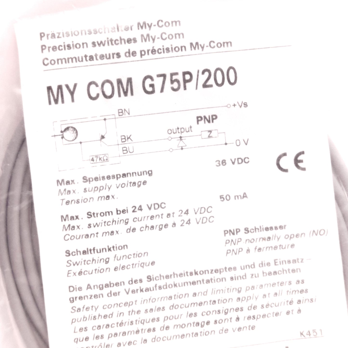 New Baumer MY COM G75P/200 Precision Switch 75cN, 5-36V DC 50mA, N.O. PNP, 2m