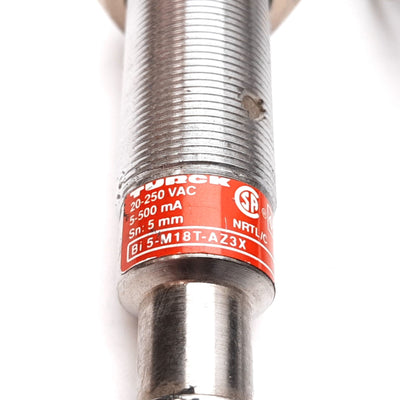 Used Turck Bi5-M18T-AZ3X Inductive Proximity Sensor, 5mm, 20-250VAC, M18, 3-Wire
