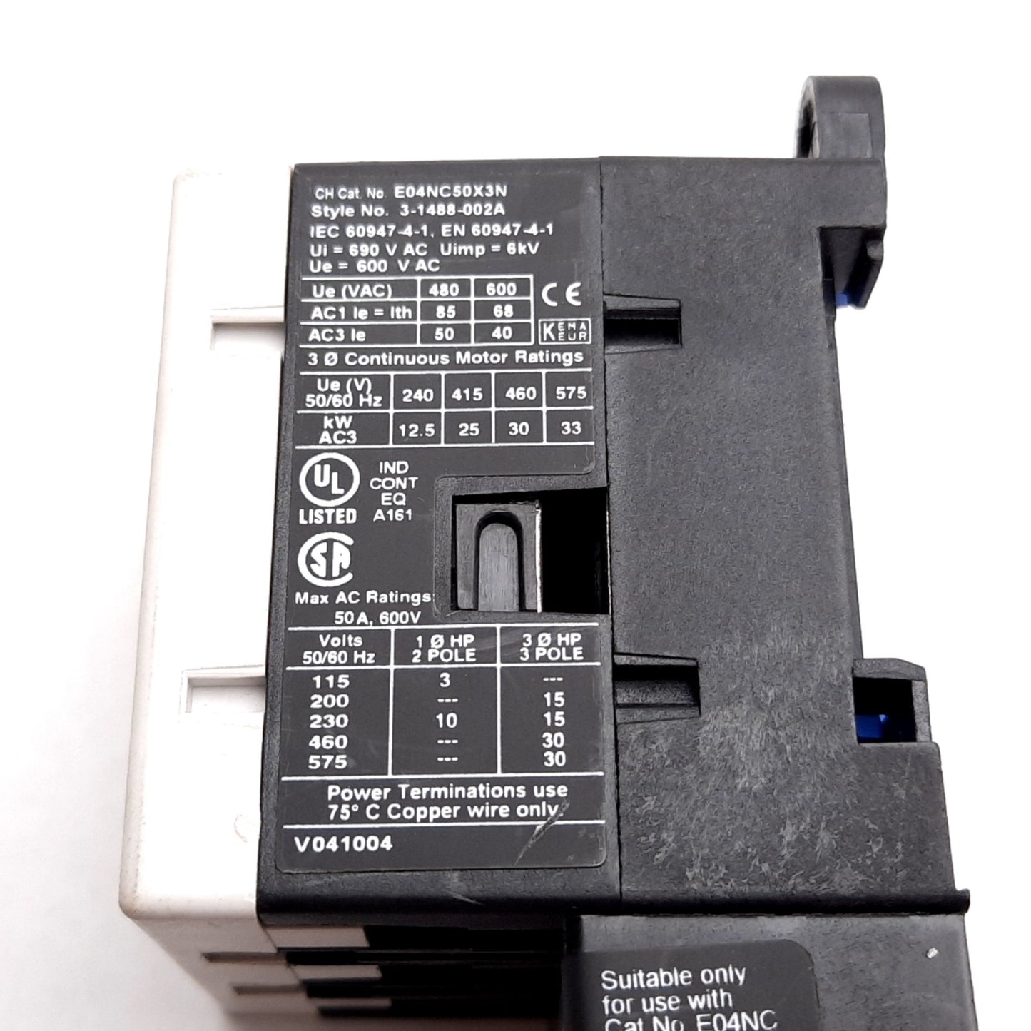 Used Eaton Cutler Hammer E04NC50X3N Contactor With E02NCXCXNN Coil, 24VDC, 600VAC 50A