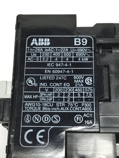 Used ABB B9-30-10 Contactor, 3-Pole, 220-255VAC Coil w/ Overload Relay 0.35-0.52A