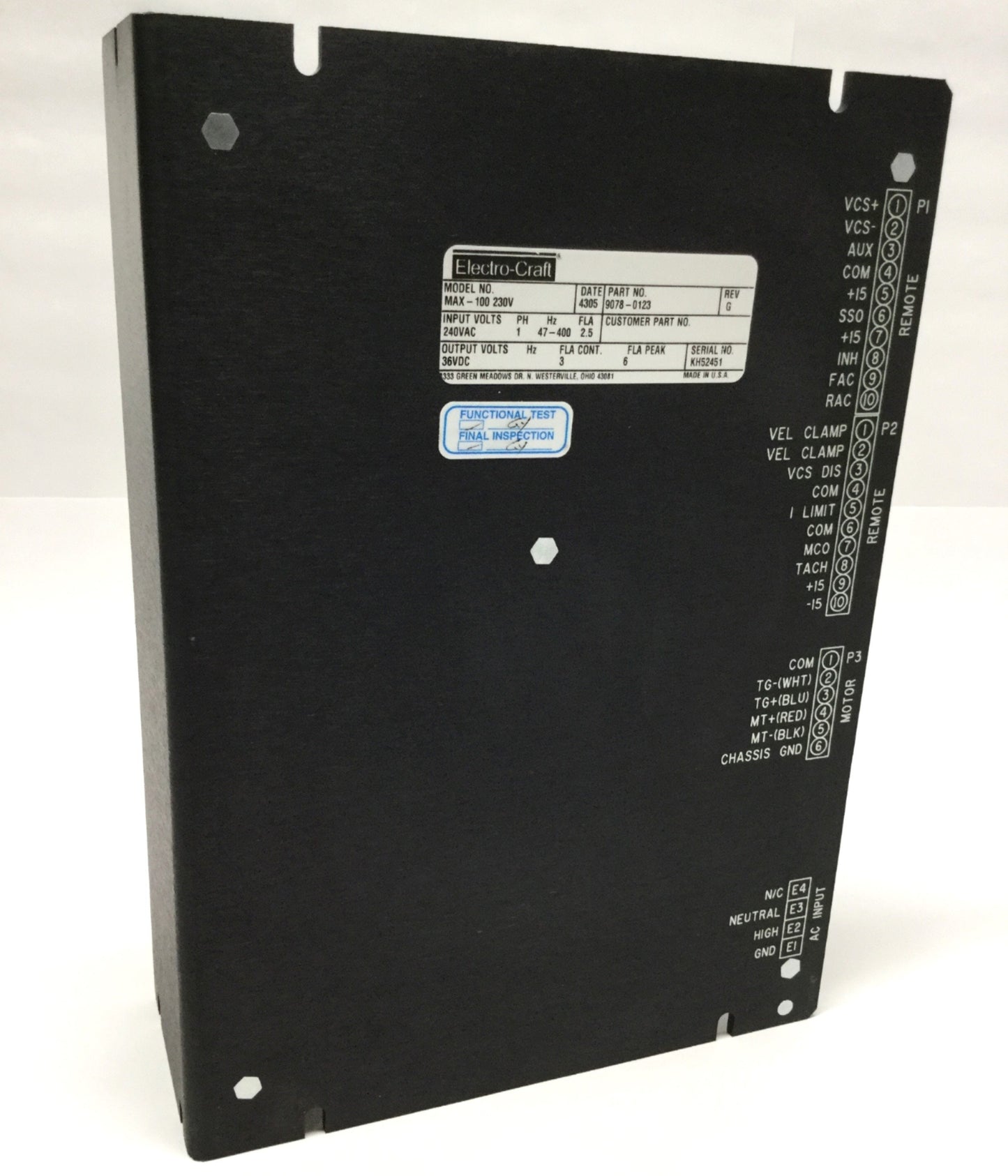 Used Electro-Craft 9078-0123 MAX-100 Brushed DC PWM Servo Drive 240VAC In, 36VDC 3A