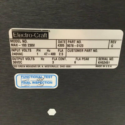 Used Electro-Craft 9078-0123 MAX-100 Brushed DC PWM Servo Drive 240VAC In, 36VDC 3A