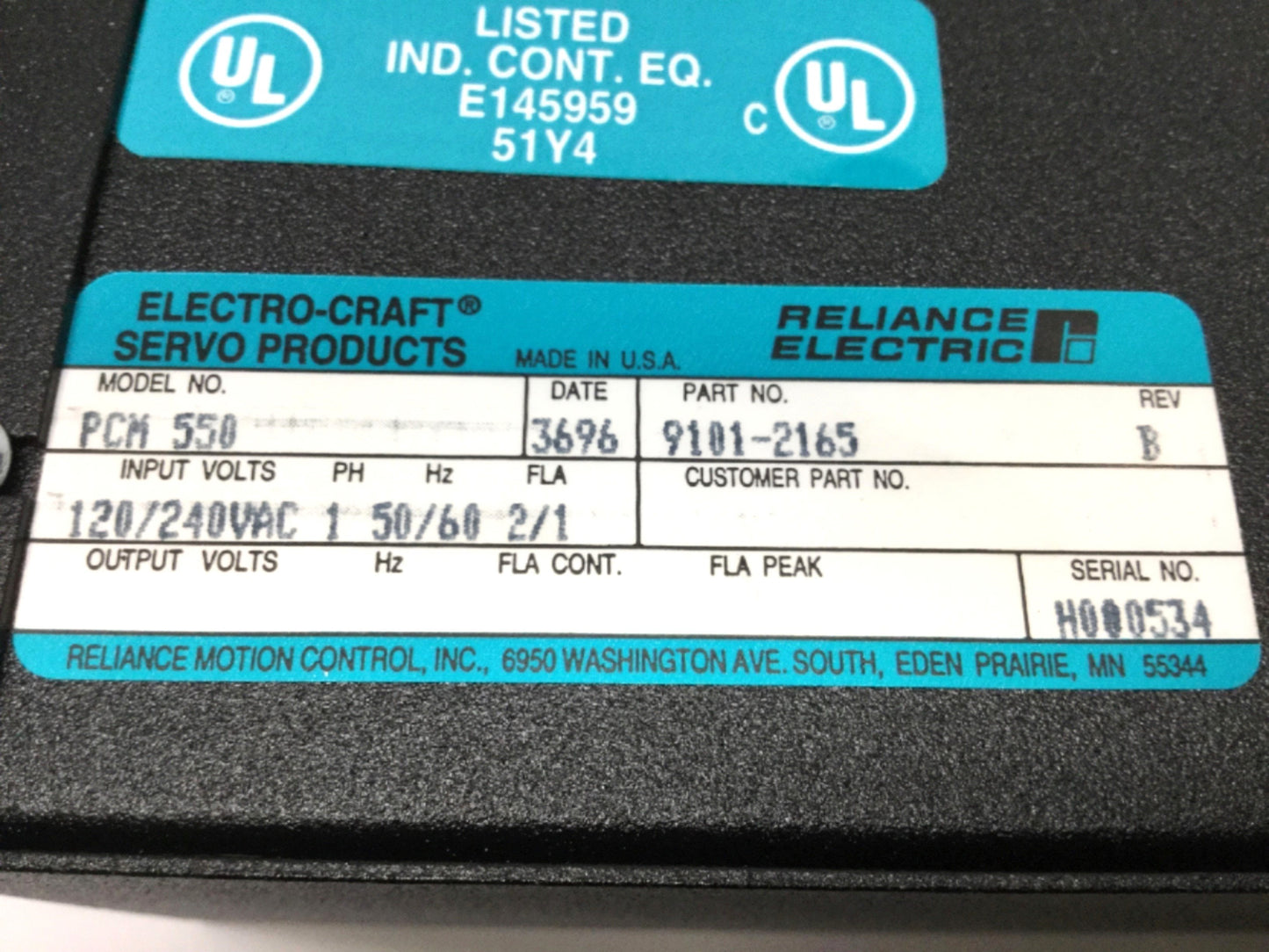 Used Reliance Electro-Craft PCM-550 iQ-550 Servo Position Control Module 120/240VAC