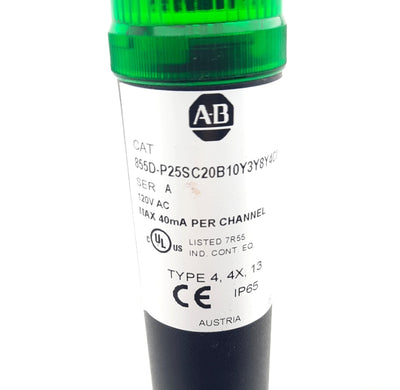 Used Allen Bradley 855D-P25SC20B10Y3Y8Y4C1 Stack Light Light Tower 120VAC 40mA