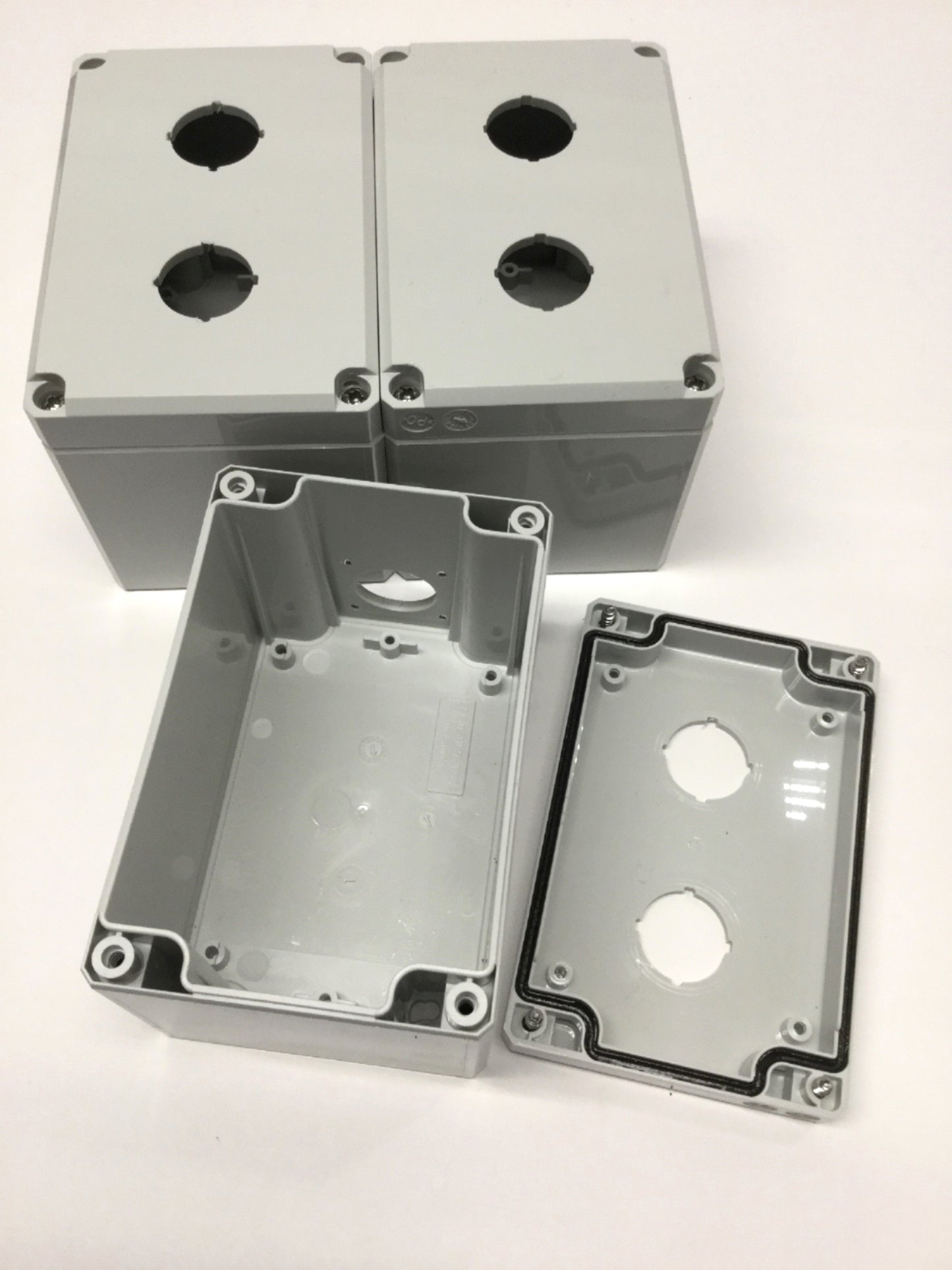 Used Lot of 3 Hoffman Q2PBPCDM Pushbutton Box Enclosures Polycarbonate *Holes Added*