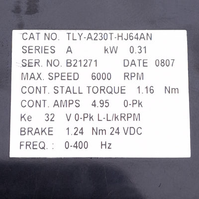Used Allen Bradley TLY-A230T-HJ64AN Kinetix Servo Motor NEMA23, 6000RPM, w/ Brake