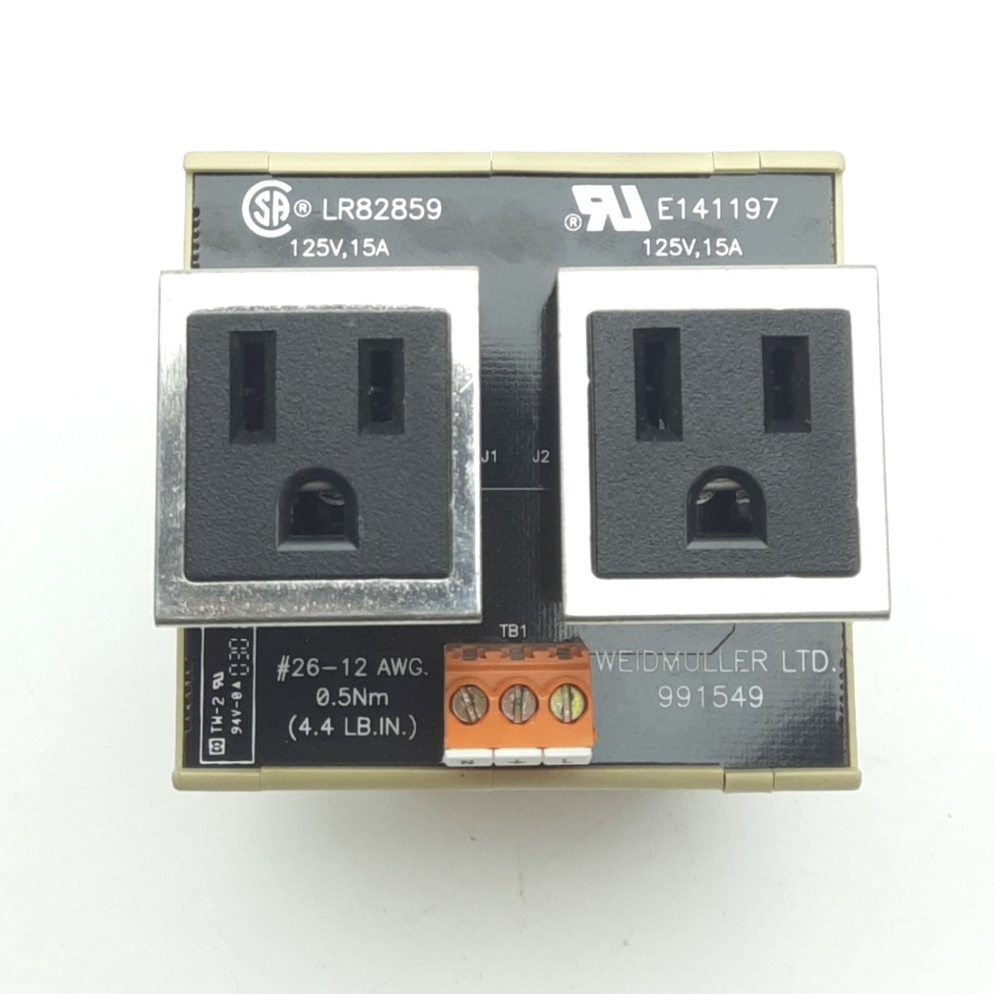 Used Weidmuller 9915490000 Module Outlet AC Duplex, 15A, 125VAC, NEMA 5-15R