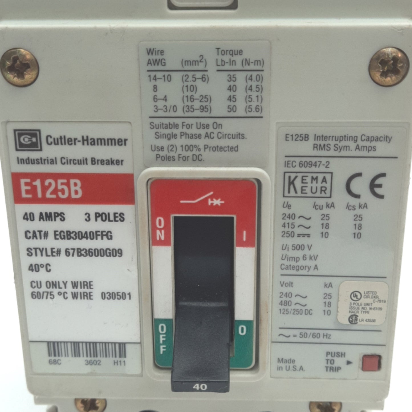Used Eaton EGB3040FFG Circuit Breaker, 3-Pole, 40A, 480VAC 18kA/250VDC 10kA