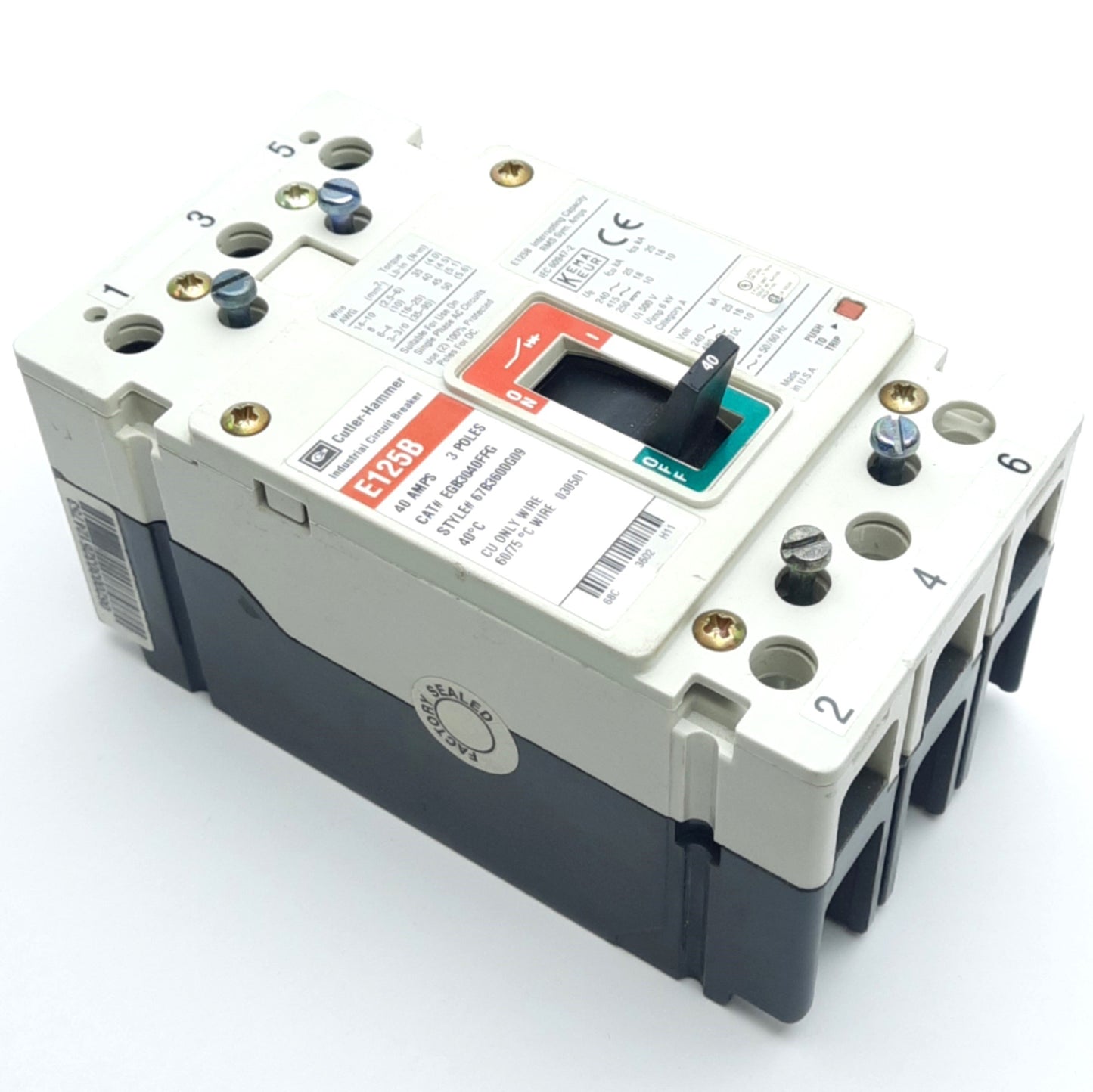 Used Eaton EGB3040FFG Circuit Breaker, 3-Pole, 40A, 480VAC 18kA/250VDC 10kA