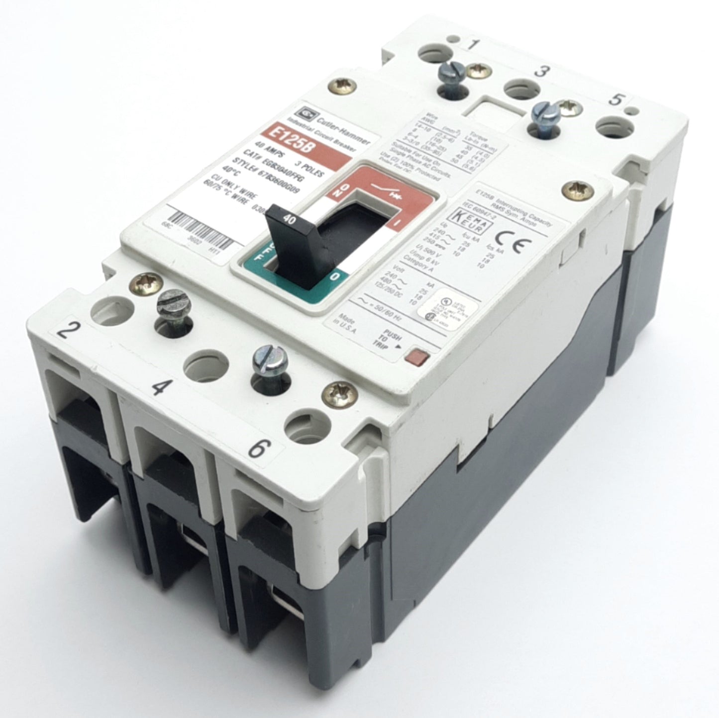 Used Eaton EGB3040FFG Circuit Breaker, 3-Pole, 40A, 480VAC 18kA/250VDC 10kA