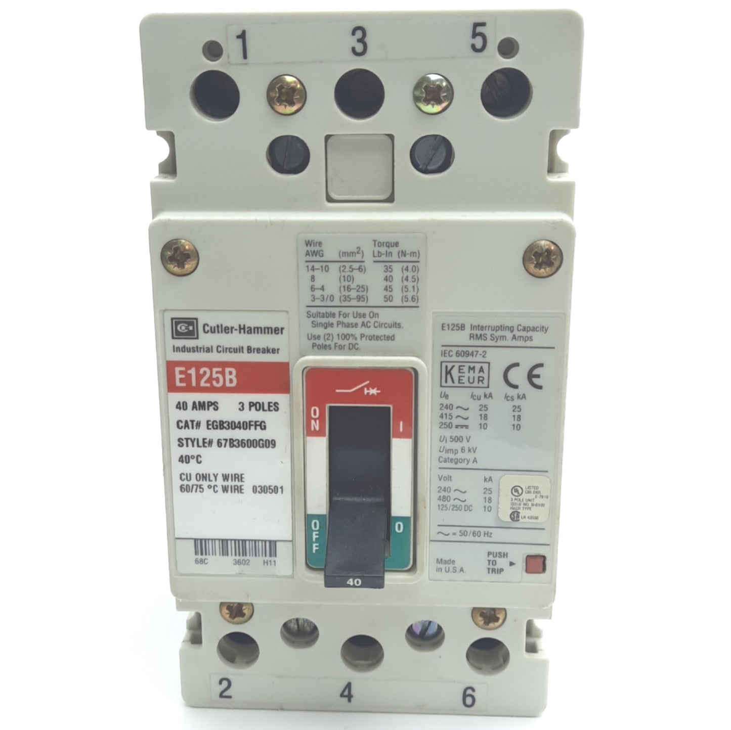 Used Eaton EGB3040FFG Circuit Breaker, 3-Pole, 40A, 480VAC 18kA/250VDC 10kA
