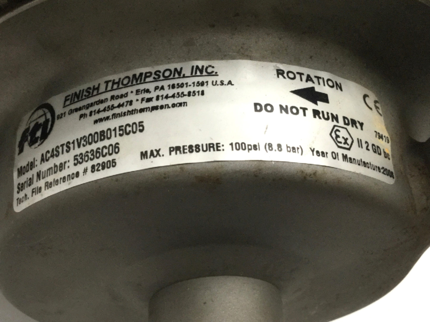 Used Finish Thompson AC4STS1V300B015C05 SS Centrifugal Pump 1/3HP 39GPM 115/230VAC