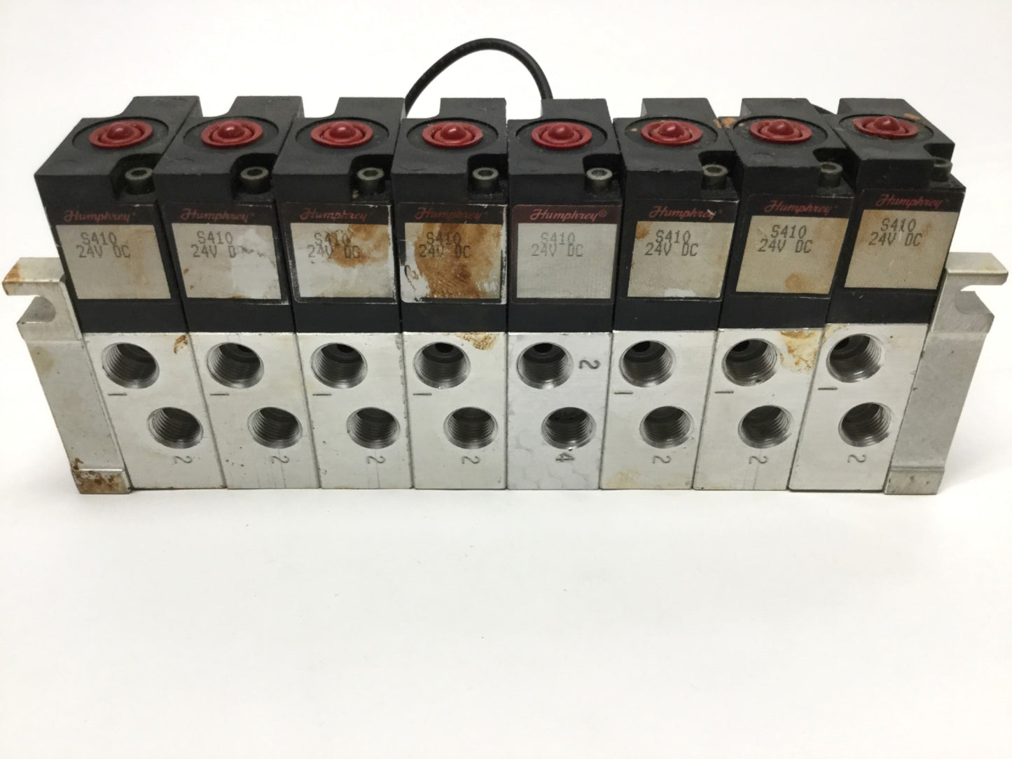 Used Bank of 8 Humphrey S410 Stacking Solenoid Valves 2-Pos, 4-Way, 24VDC Coil