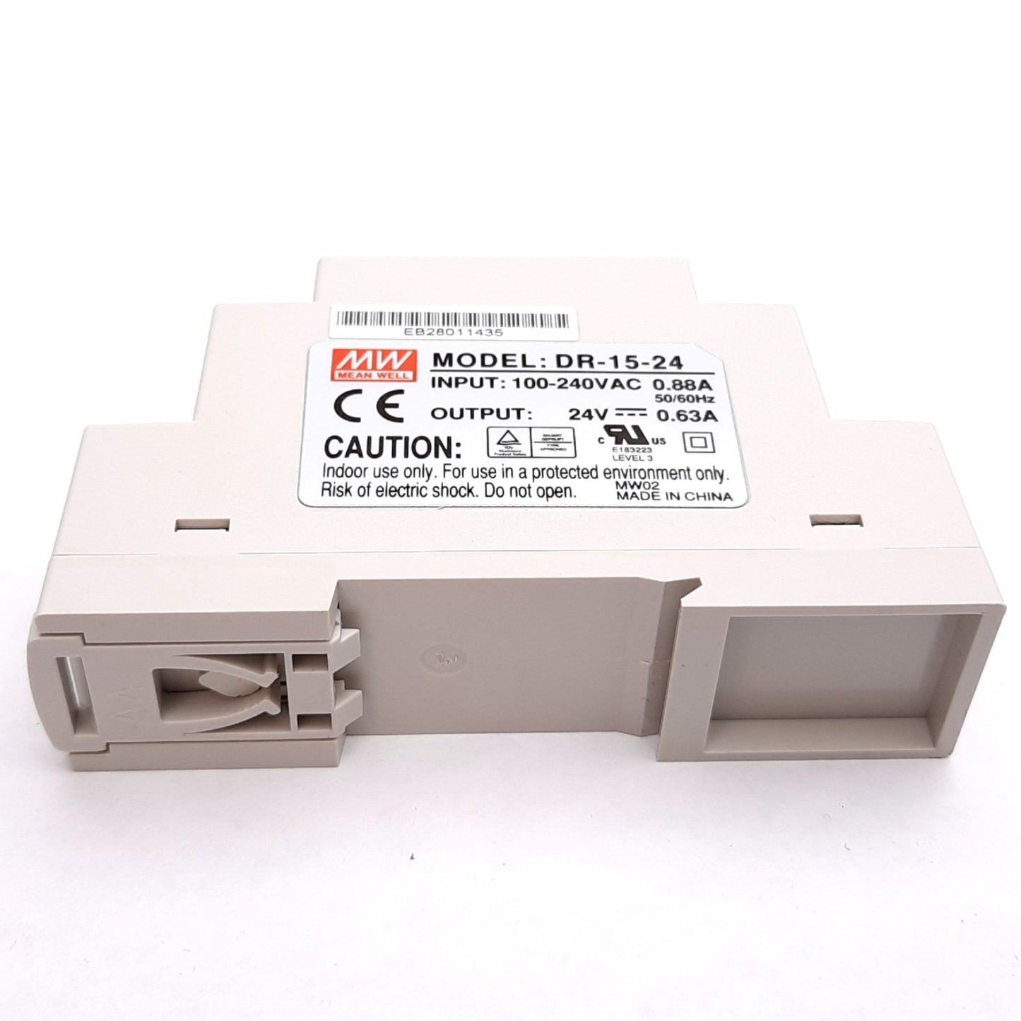 Used Mean Well DR-15-24 Power Supply, Input: 100-240VAC 0.88A, Output: 24VDC 0.63A
