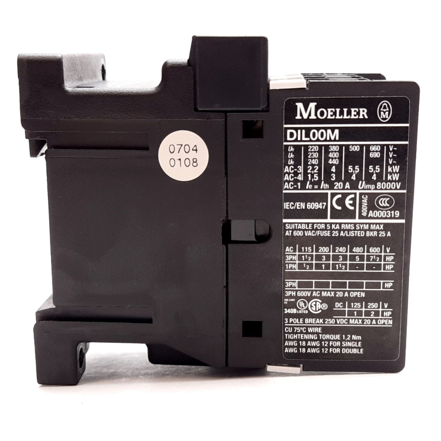 Used Moeller DIL00M Contactor, 3-Pole, Coil: 24VAC 50/60Hz, Rating: 20A 600VAC