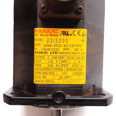 Used Fanuc A06B-0032-B075#7008 AC Servo Motor Voltage 176V, Frequency 200Hz, 2.8A 3PH