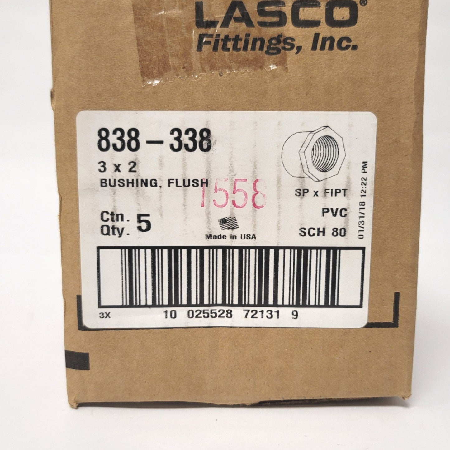 New Box Of 5 Lasco 838-338 Schedule 80 Reducer Bushings 3" x 2" SP To FIPT