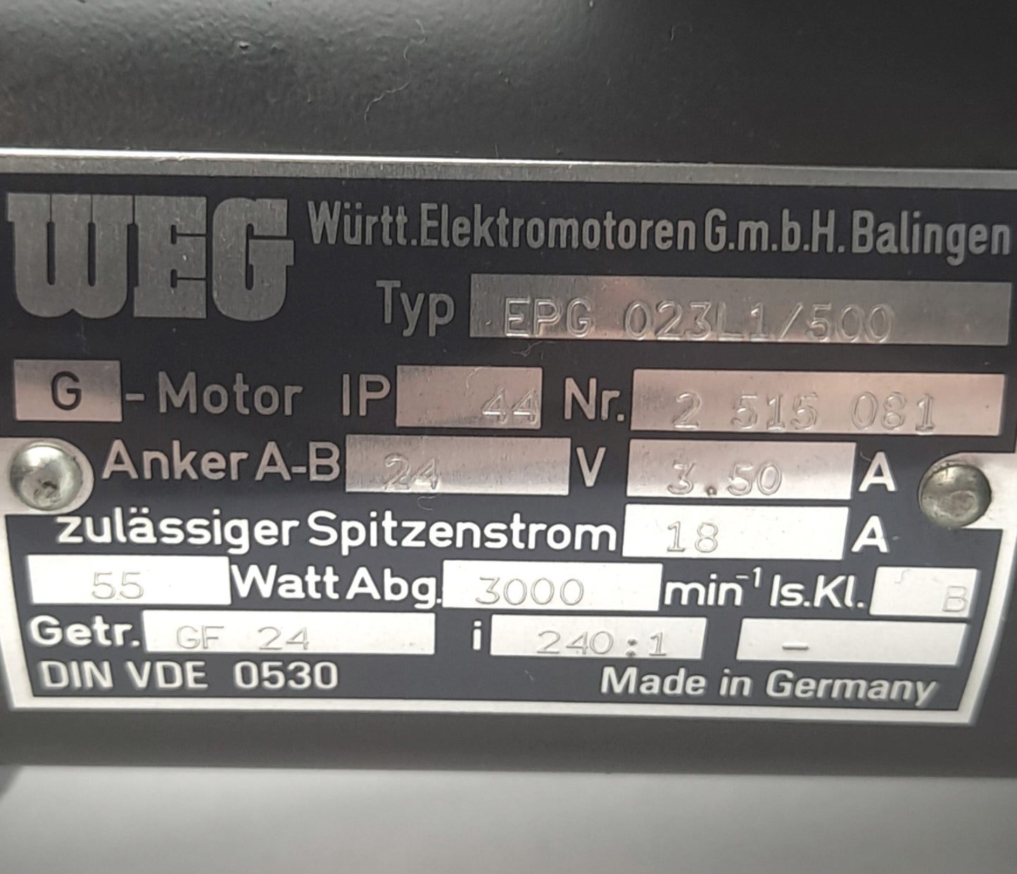Used WEG EPG 023L1/500 Magnetic Gearmotor, 240:1, 12.5RPM Out, 24VDC 3.5A, 14mm Shaft