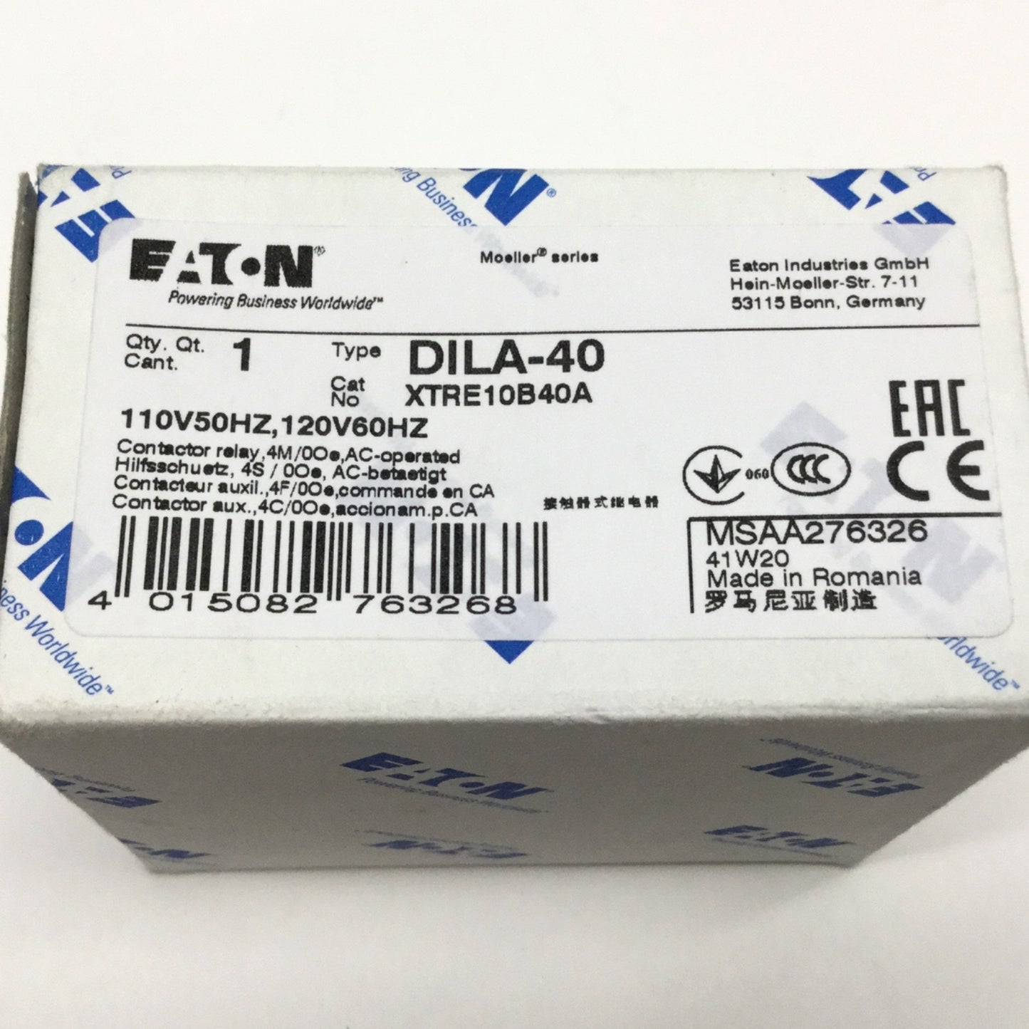 New Eaton Moeller DIL A-40 IEC Contactor Control Relay 4-Pole NO, 110/120VAC Coil