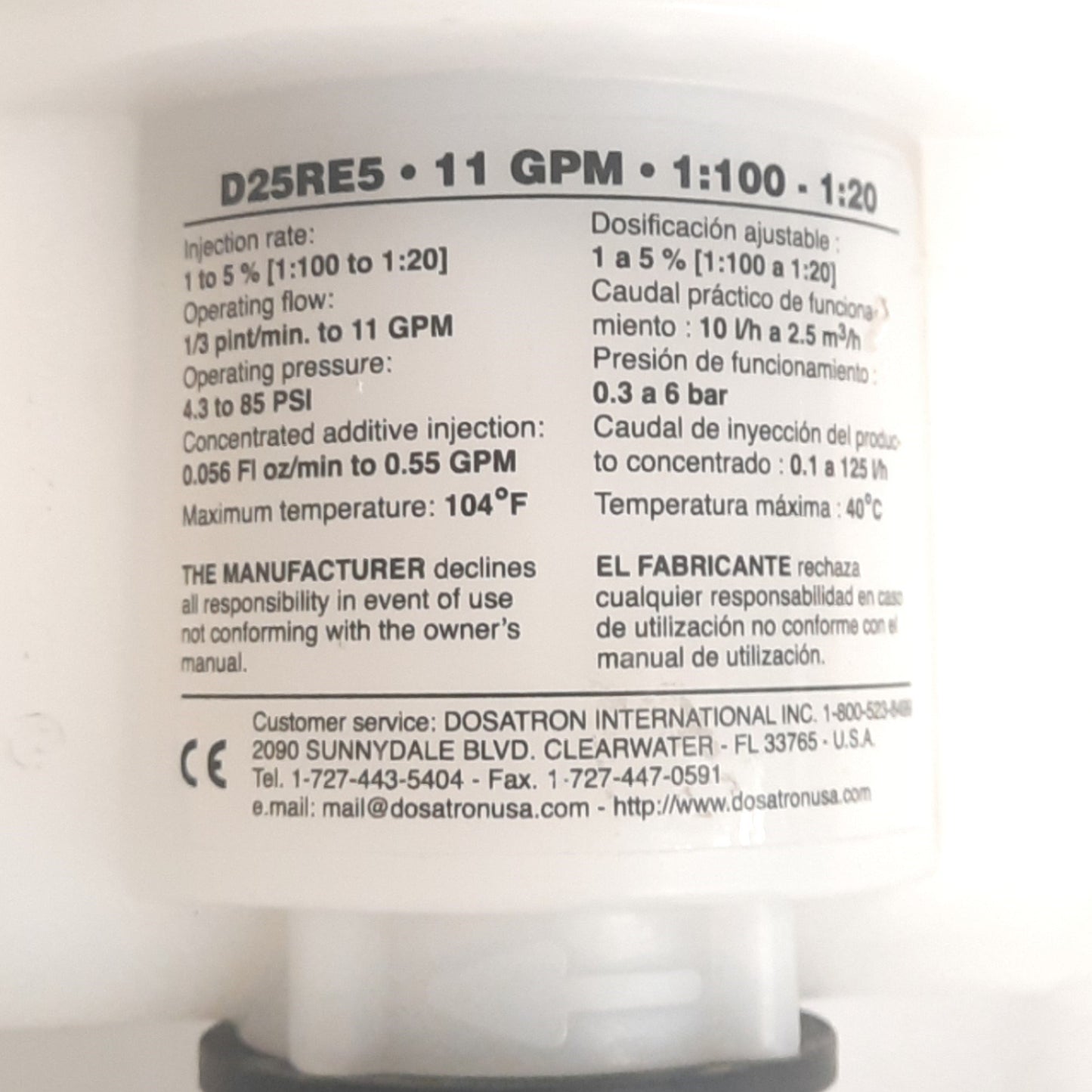 Used Dosatron D25RE5 PVDF Dosing Pump, 1/3pt/min-11GPM, 1:100-1:20, 4.3-85psi, 104°F