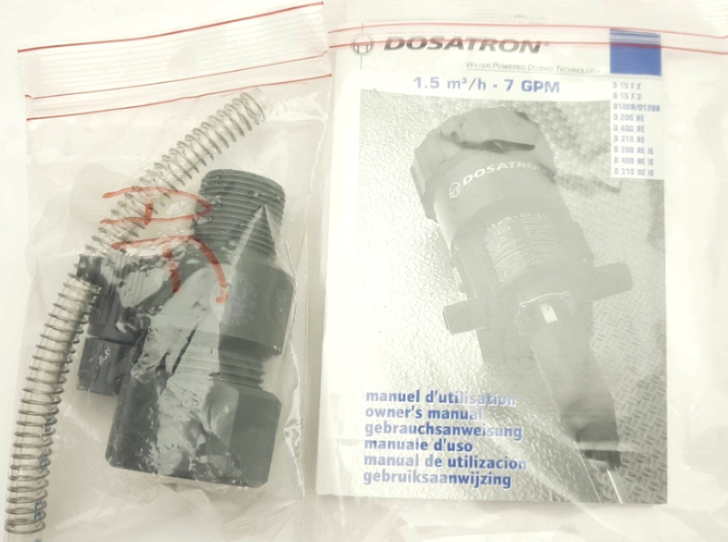 New – Open box Dosatron D200REIEAFP PVDF Dosing Pump, .08-7GPM, 1:500-1:50, 7-70psi, 7-14PH