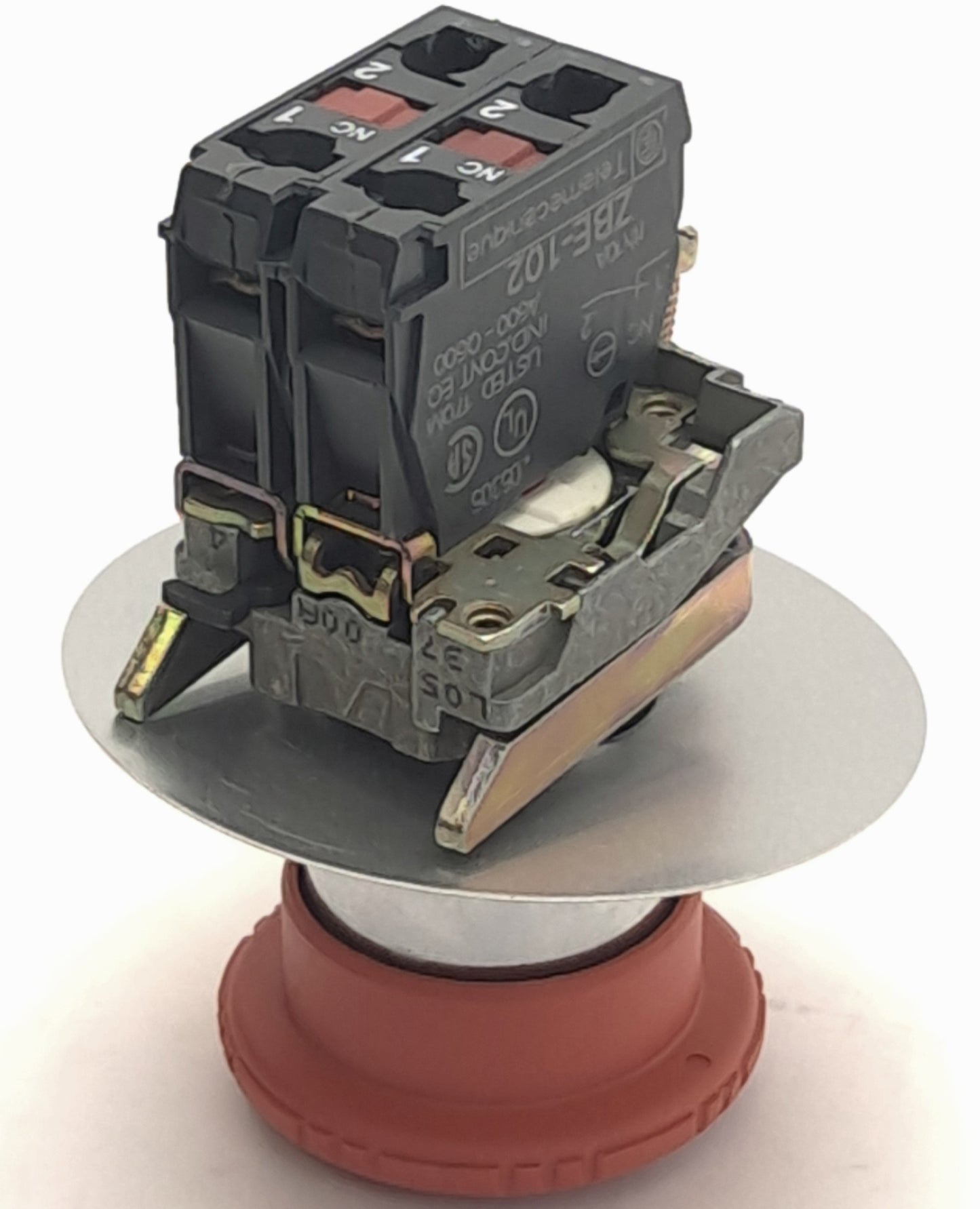 Used Red Emergency Stop Push Button Switch with Two ZBE-102 Contact Blocks, 120v, 6A