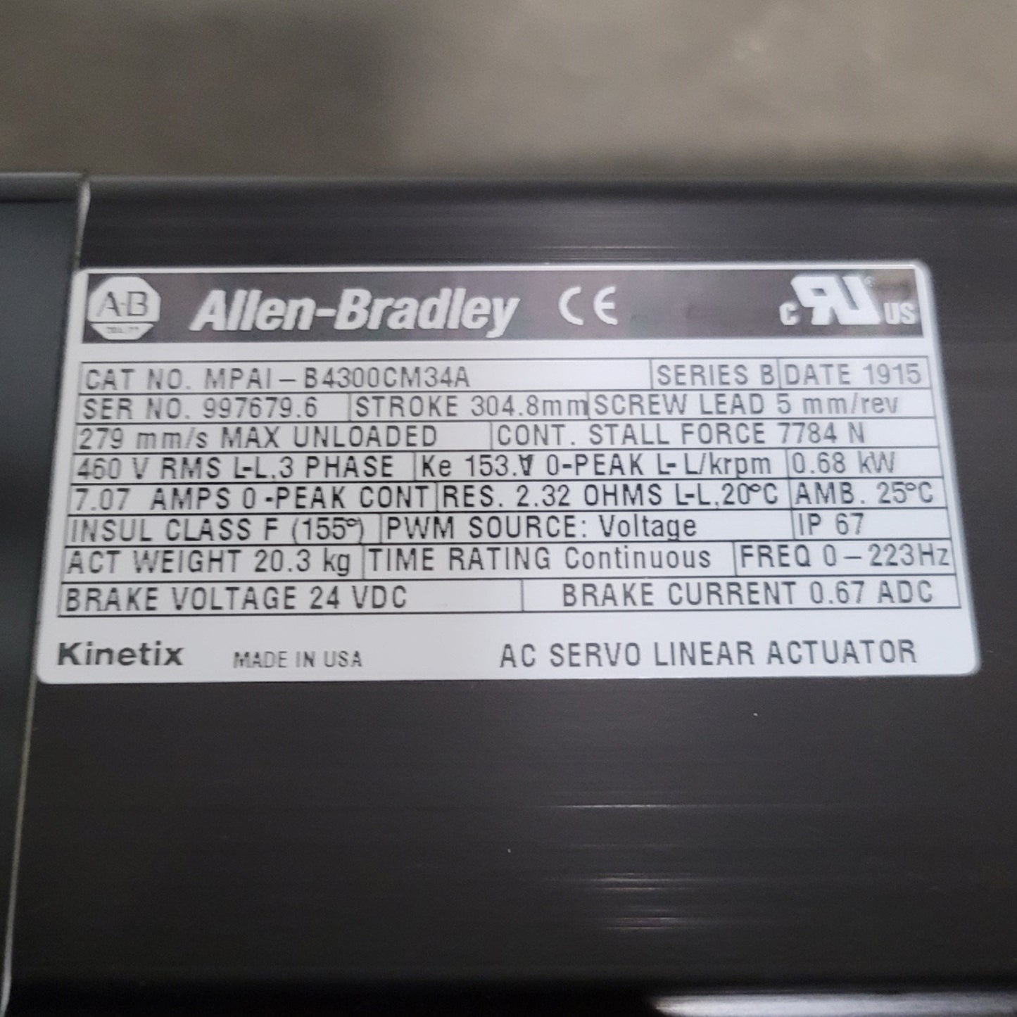 New Allen Bradley MPAI-B4300CM34A Heavy Duty Actuator 300mm Stroke, 2000lbs Force