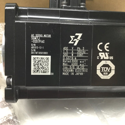 New – Open box Yaskawa SGM7J-02D7F6C Sigma-7 Rotary Servo Motor, 400V 3-Phase, 200W, 3000RPM