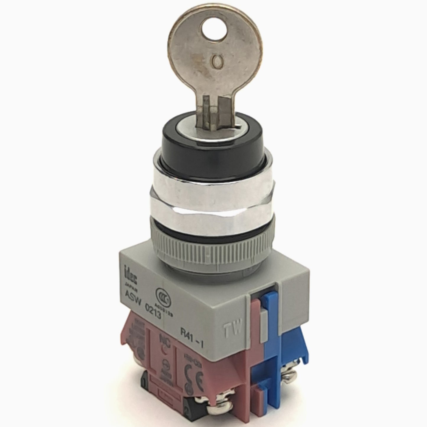 Used Idec ASW0213 Key Selector Switch w/ Contact Blocks, 1NC 1NO Contact, 600V, 10A